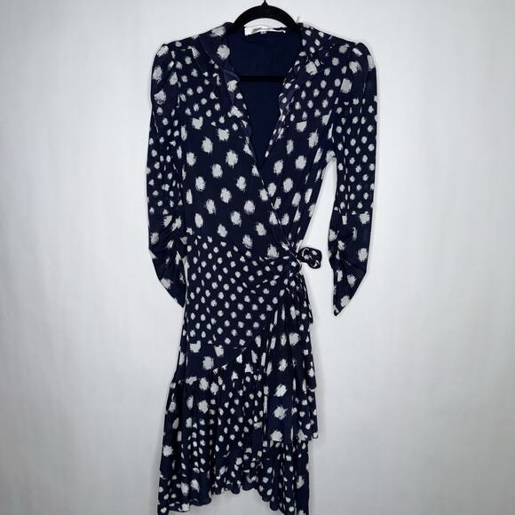 Diane Von Furstenberg Women’s Poloma Ruffle Dress Batik Dot Navy Blue Size S - Picture 1 of 6
